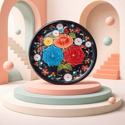 Vintage 11" Batea Mexican Wooden Hand Painted Tole Floral Round Serving Tray