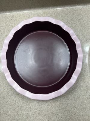 NIB Noon & Moon Pie Dish, Taupe and Cherry Lacquer Trim, 9 Inch