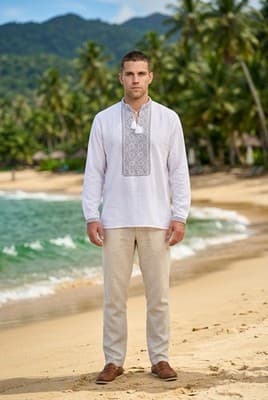 White Cotton Embroidered Shirt with Traditional Ukrainian Floral Embroidery Smal