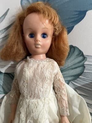 Vintage Plastic Bride Doll with Rooted Hair and Lace Wedding Gown. 1950s 60s