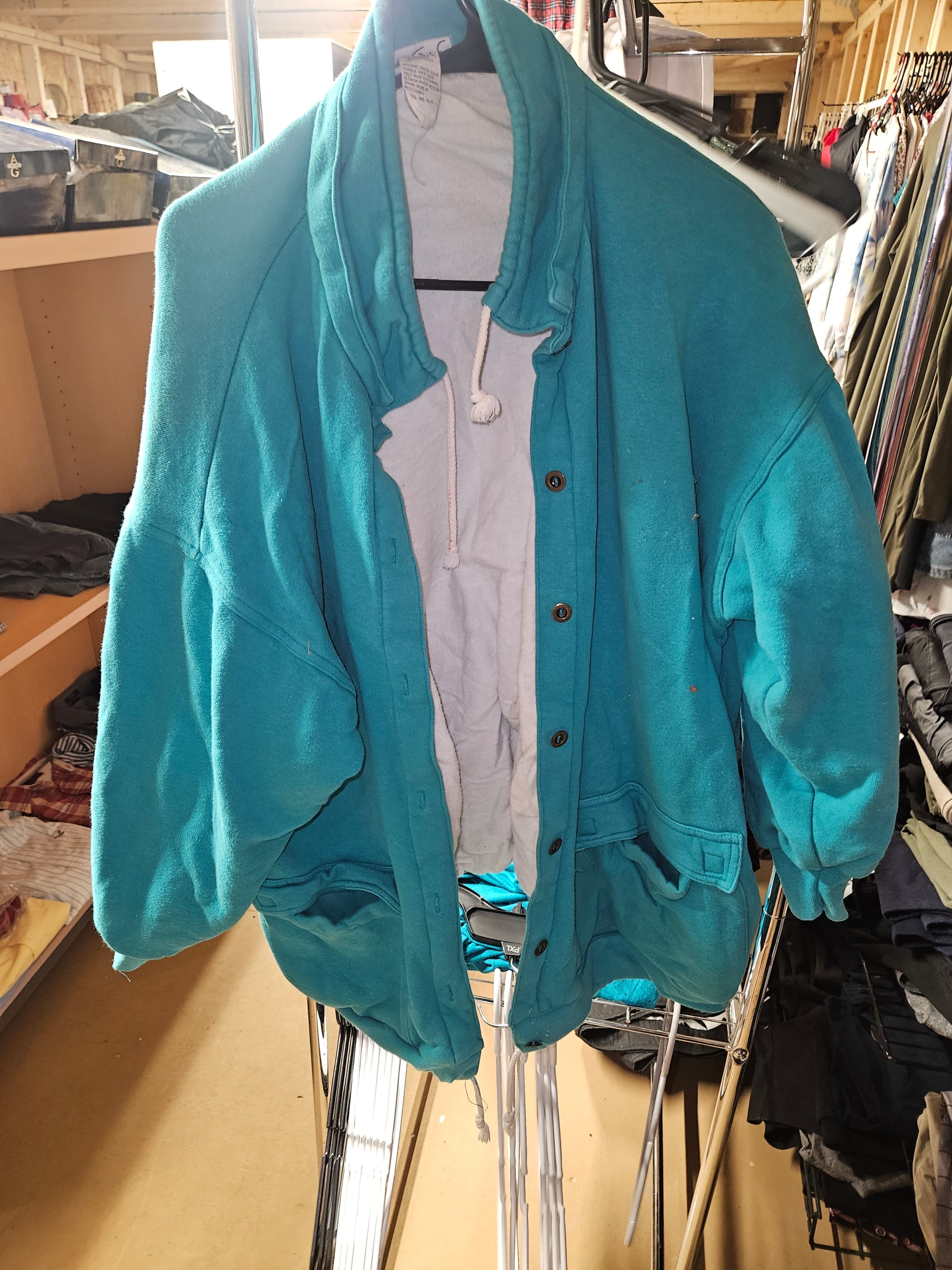 Vintage Teal Button-Up Jacket with Hood