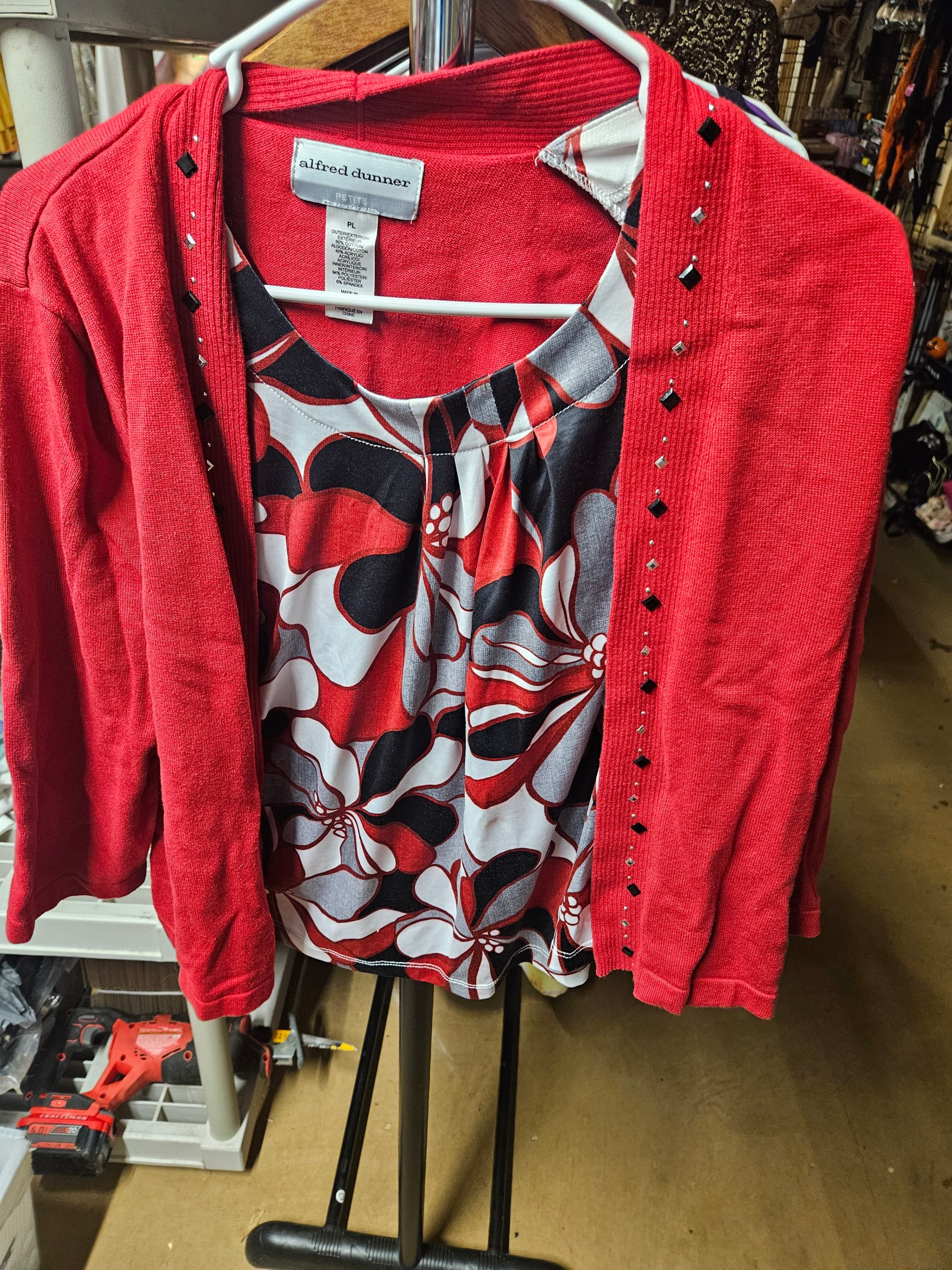 Alfred Dunner Petite Red Cardigan and Floral Top Set PL