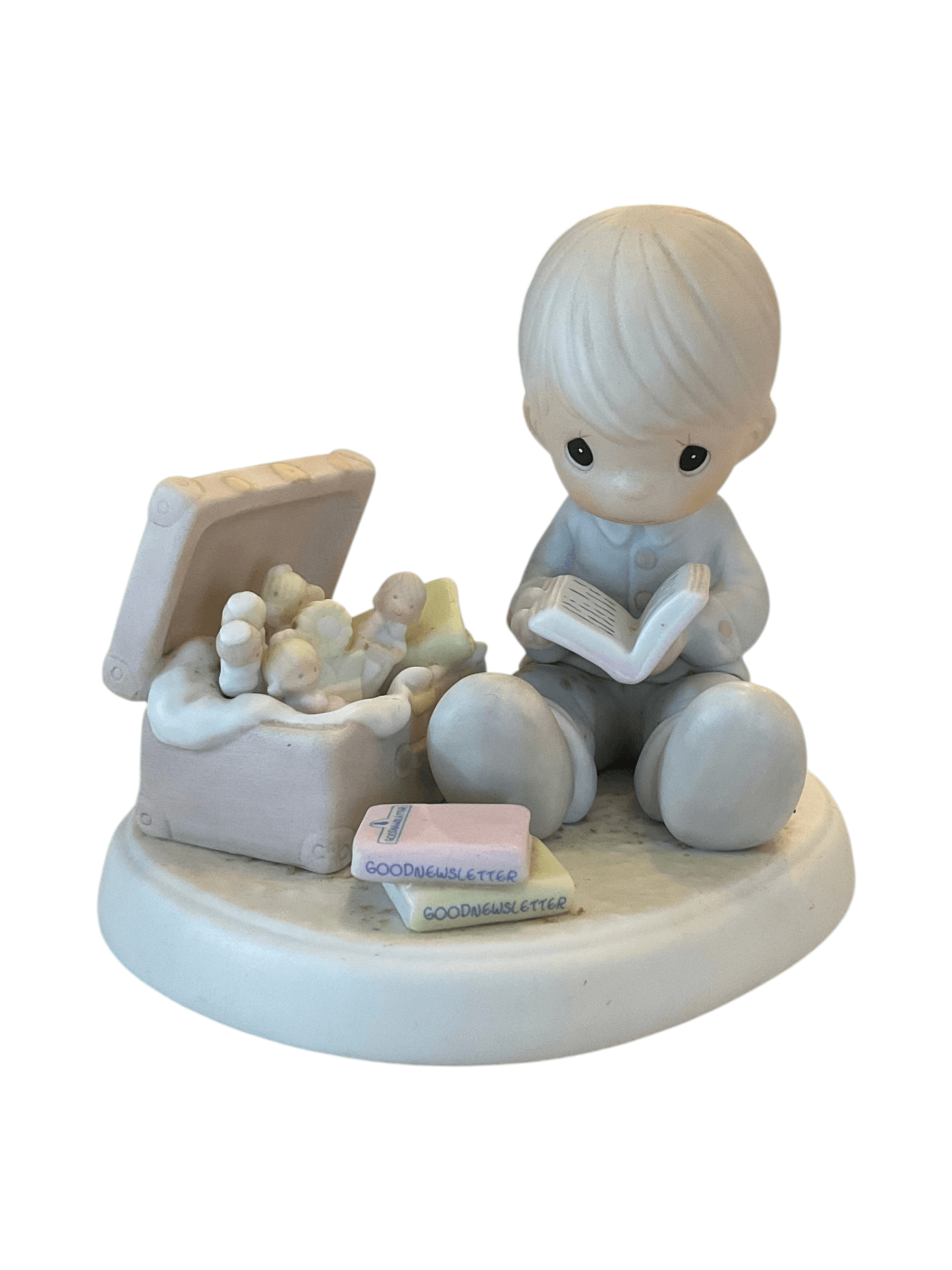 Precious Moments Figurine Boy Reading with Toy Chest