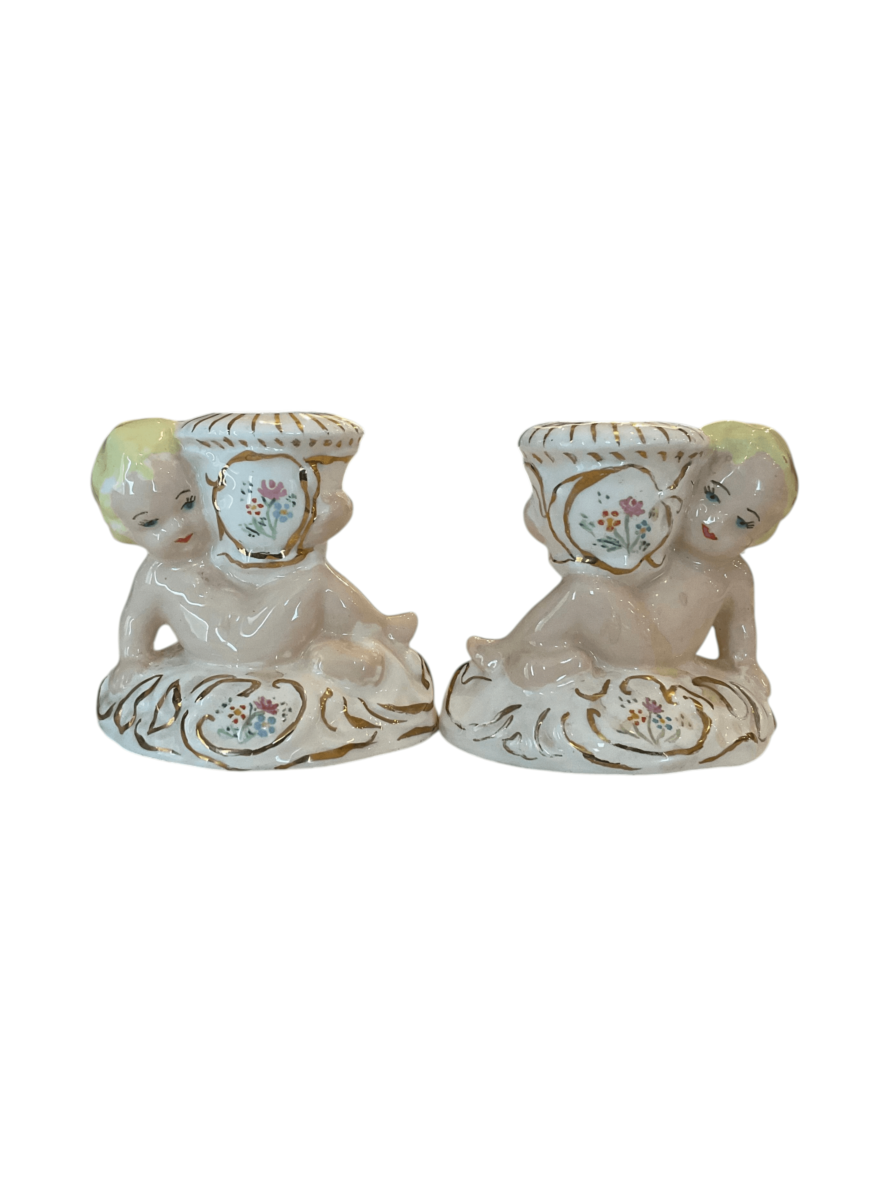 Set of 2 Vintage Cherub Candle Holders with Floral Design