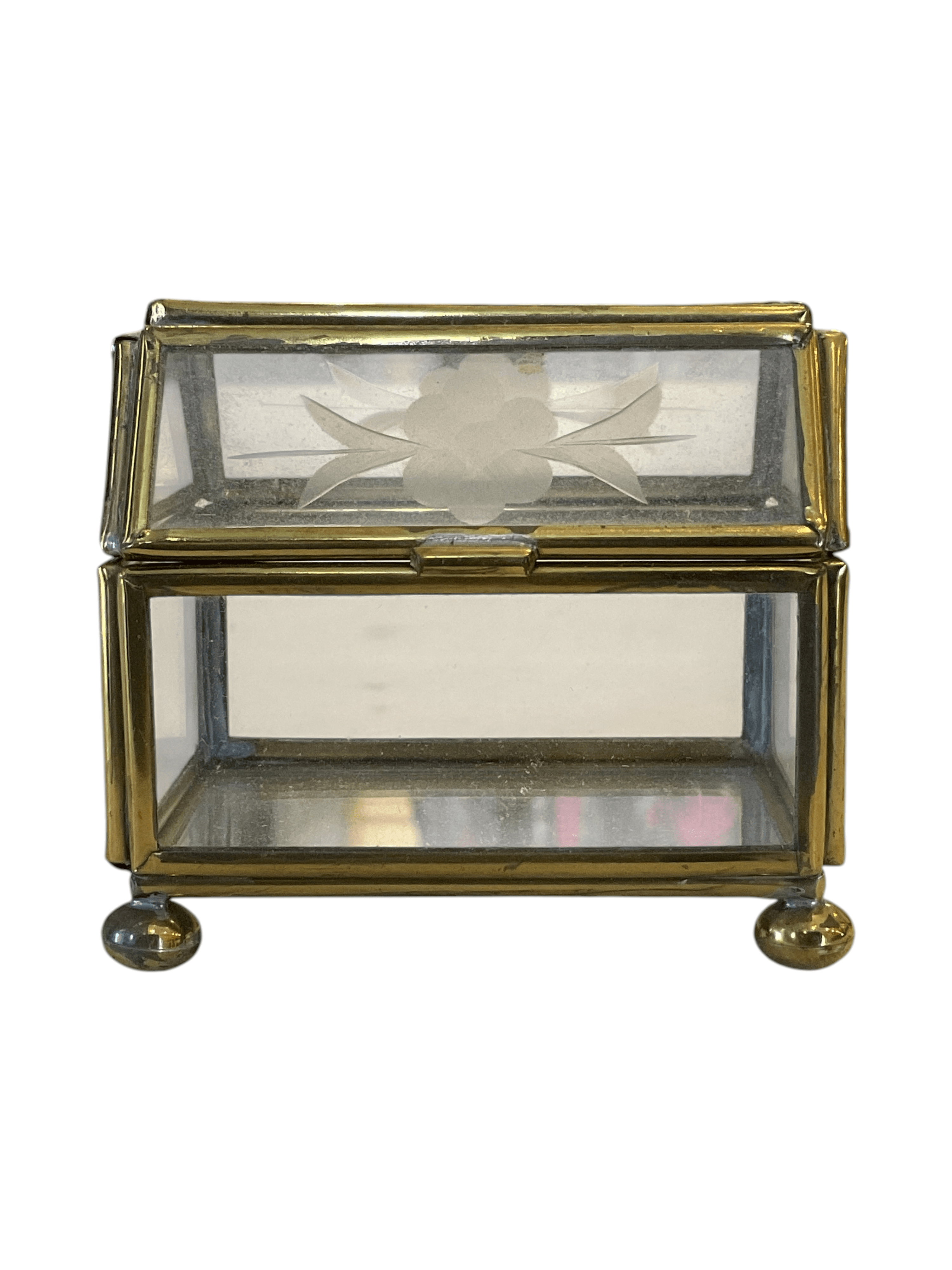 Glass Trinket Box with Brass Frame and Floral Etching