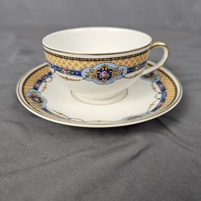R&G Limoges Cup & Saucer Blue & Gold Garland with Pink Roses Tea Coffee