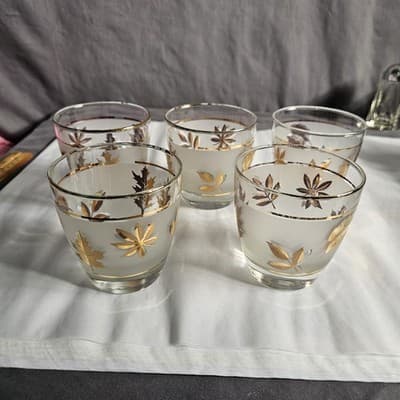 Vintage MCM Libbey Frosted Low Ball Rocks Glasses Gold Leaf Leaves Set of 5, 8oz