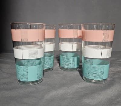 4 Vintage MCM Anchor Hocking Pastel Ribbon 8 oz Glasses Pink & Turquoise