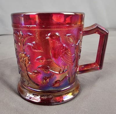 Vintage Imperial Glass Ruby Red Carnival Bird on Branch Cup Mug Robin