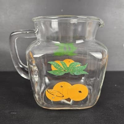 Vtg 5.5" 1960s Clear Glass Square Oranges Leaves Water/ Juice Pitcher