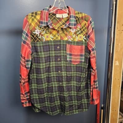 Vintage Blair Color Block Plaid Floral Embroidery sz S Button Down Shirt Top