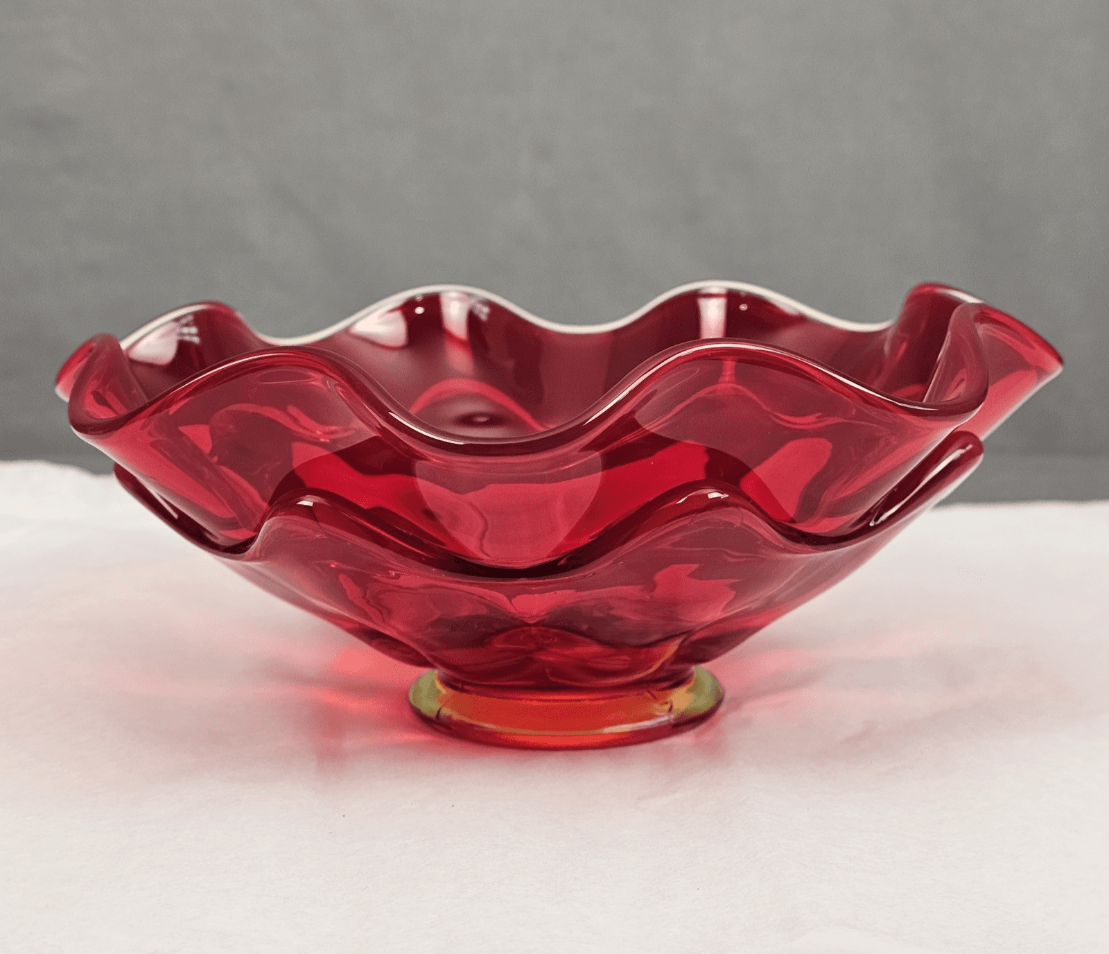 Viking Glass Red Wave Bowl Double Crimped Footed Dish VTG MCM 8" EUC Glows