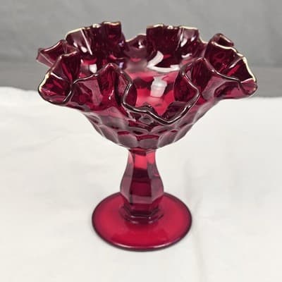 Vintage Ruby Red Fenton Thumbprint Compote Pedestal Bowl Ruffled Trim 6" Tall