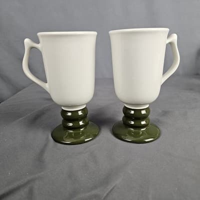 2 Hall Pottery Vintage Irish Coffee Tea Pedestal Mugs Green & White Christmas