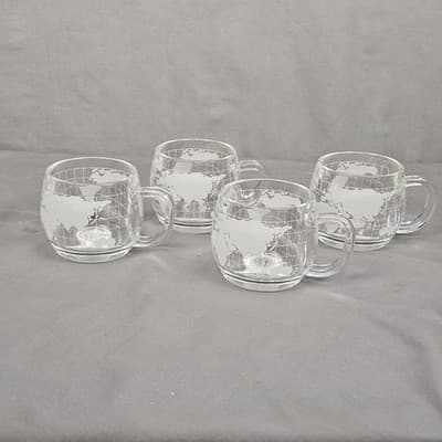 Vintage Nescafe World Globe Etched Glass Coffee Mugs - 4 Pc Set Nestle