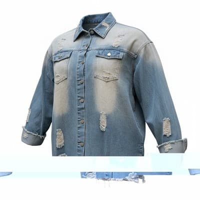 Distressed Raw Hem & Sleeves Faded Denim Shirt 5XL Long Sleeves fold up Button