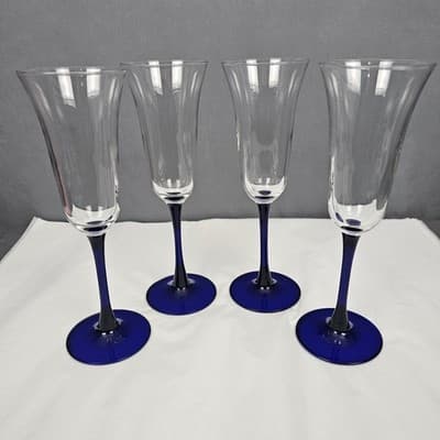 Vintage Set of 4 Luminarc Champagne Flutes Cobalt Blue Stem Clear Tulip Top