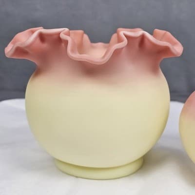 Fenton Art Glass Burmese Vase Satin Ruffled Edge Pink on Creamy Yellow. UV