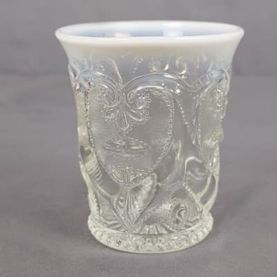 Vintage Opalescent Pressed Glass Tumbler Heart Scroll Blue/White Rim Juice Vase