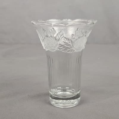 Vintage Frosted Rose Glass Bud Vase Scalloped Rim Clear Pressed Glass 4.5" Tall