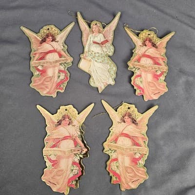 Vtg Set of 5 Antique Look Angels Double-Sided Die Cut Ornaments 5”