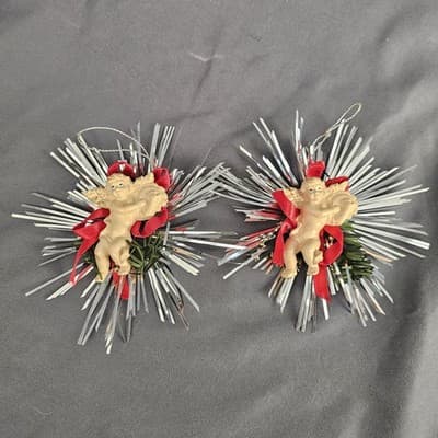 Vintage Resin Starburst Cherub Angel Ornament Christmas Holiday Set of 2