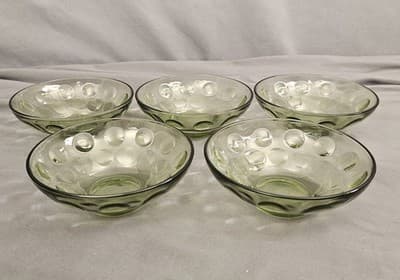 5 Vintage Hazel Atlas Eldorado Green Raindrop Small Dessert/Fruit Bowls 4 3/4”