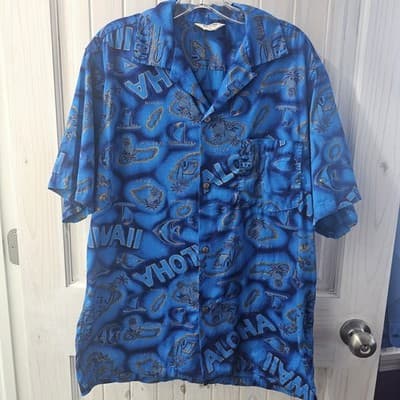 Made In Hawaii Mens Hawaii Shirt Large Blue Button Tropical Vintage Hawaiian L
