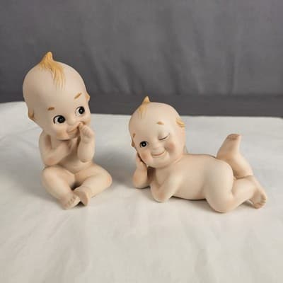 Lefton Kewpie Figurines Cute Babies Bisque Porcelain Set Of 2 Made in Japan
