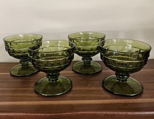 Set of 4 Indiana Glass Whitehall Green Footed Sherbet Dessert Glasses Vintage