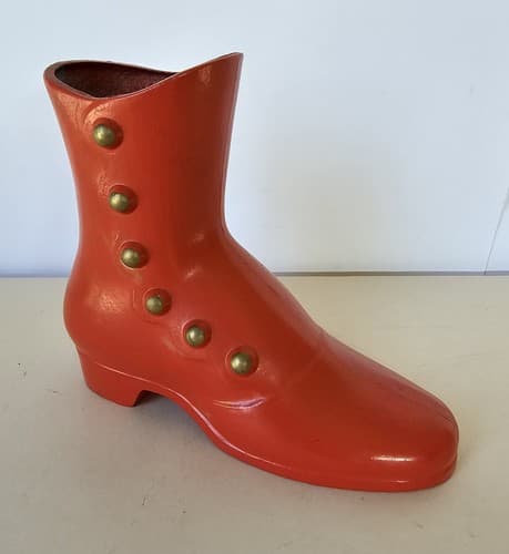 Vintage Cast Metal Orange Red Victorian Button Up Boot Shoe Vase