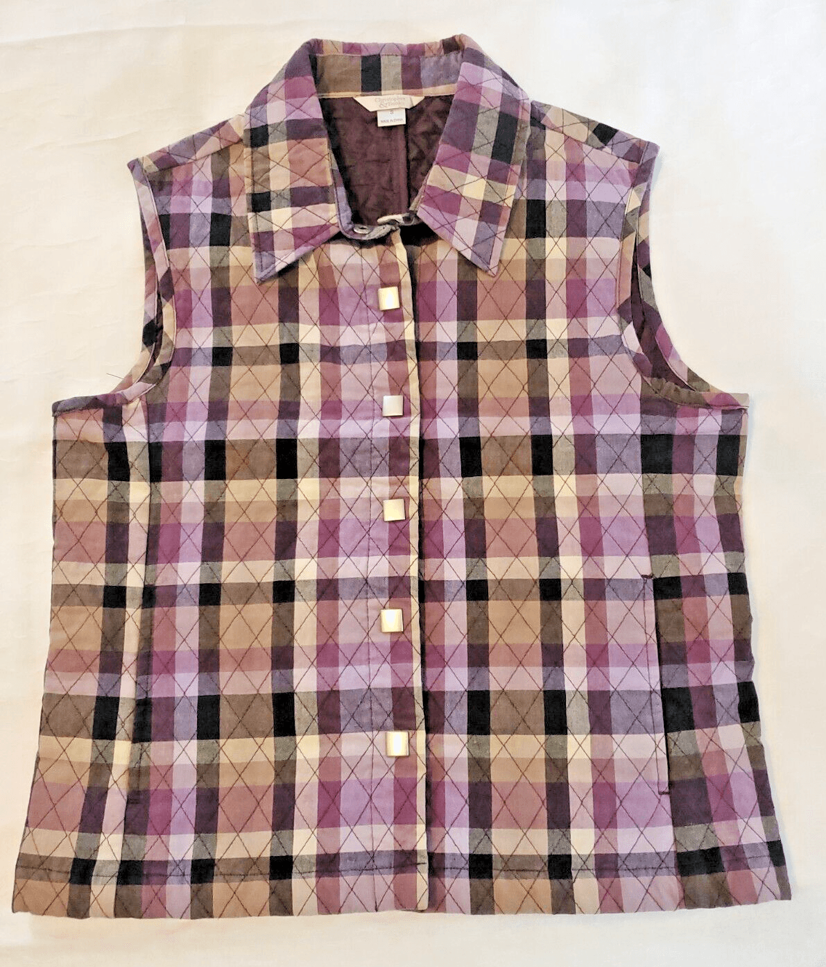 Christopher Banks Vest Women's Small Quilted Purple Plaid Snap Pockets