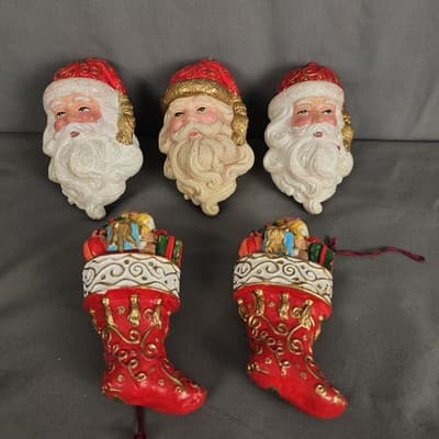 Vintage Plastic 3D Santa Stockings Christmas 6" Ornaments Lot of 5