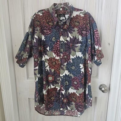 Vint. At Ease Men's Colorful Button Up Shirt 1XL Tall Floral Design Short Sleeve