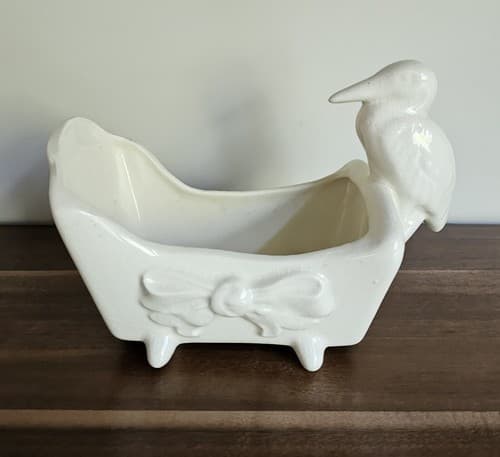 Vintage Off-white Nursery Planter Stork on Cradle, No Chips Or Cracks MCM