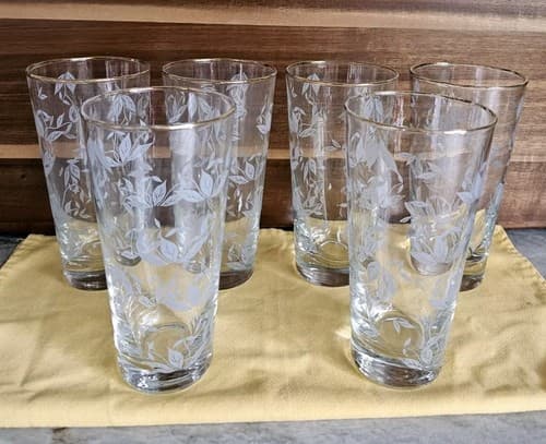 Libby Ice Tea Glasses, Set 6, White Ivy Gold Rim Vtg MCM 6.25" Tall 3" Diameter