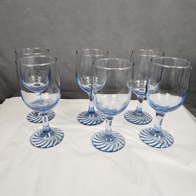Light Blue Duz Crystal Swirl Base Wine Glasses Set/6, 6.5" Water Goblet D2Z3