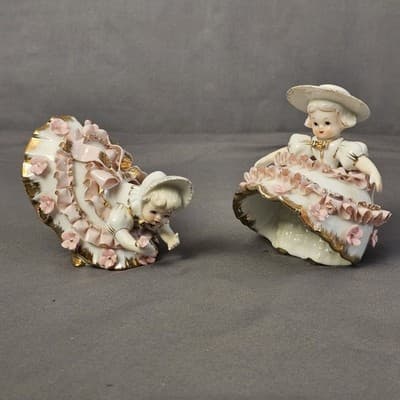 Vtg 50's Lefton Valentine's Day Pink Ruffle Bloomer Girls Porcelain Figurines