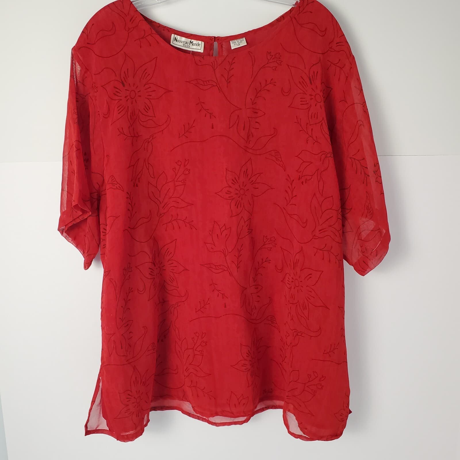 Nouveau Monde Plus Women 3X Red Blouse Sheer Short Sleeves