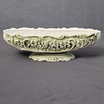 Relpo Pompei Porcelain Dish Green & White Cherubs Planter Victorian #5752