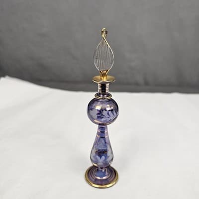 Vtg Hand Blown Perfume Bottle Gold Trim & Glass Dropper Ruffle Glam Blue 5.5’