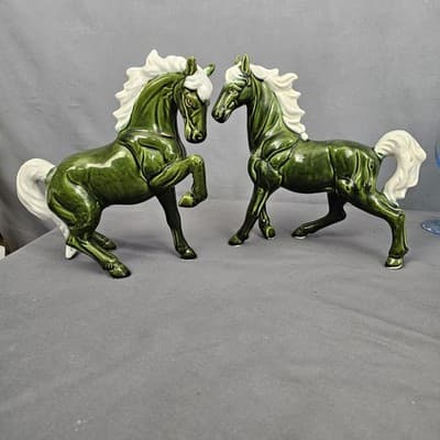 Chadwick Japan Olive Green Wild Stallion Horse Ceramic 8" H Figurines Set of 2