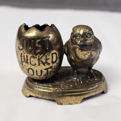 Vintage Just Picked Out Chick and Egg Brass Toothpick Holder