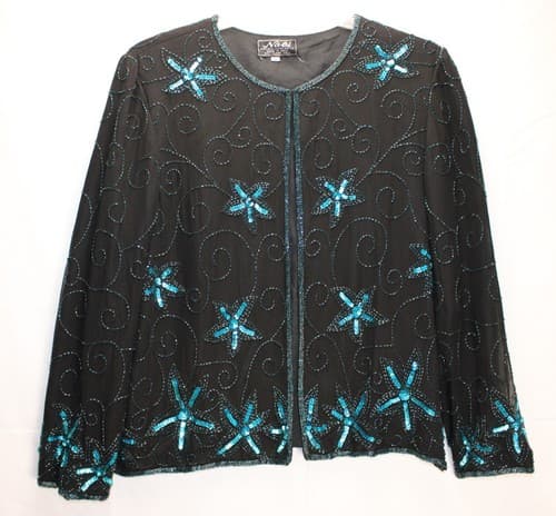 Nabi Womens Sequin XL Embroidery Vintage Black Turquoise Cover Up Silk Lining