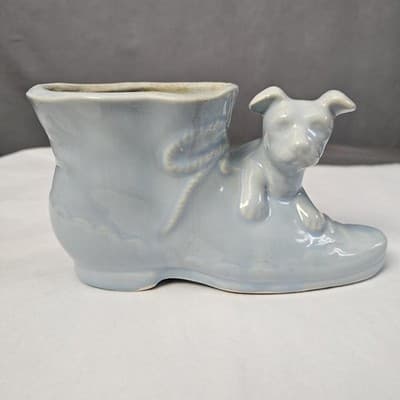 McCoy Dog Puppy with Victorian Shoe Light Blue MCM Planter Vintage