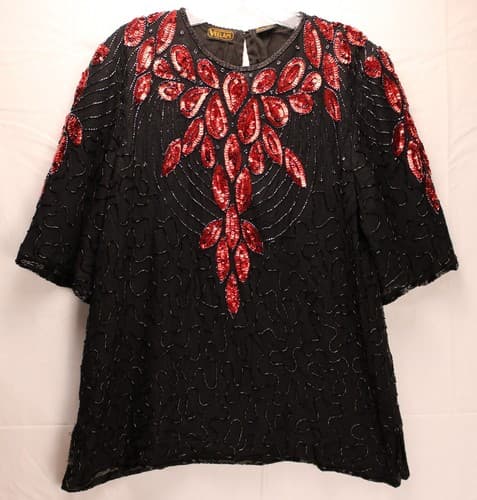 Veelam Silk Sequin Woman's Size Large Top Black Red Sequins