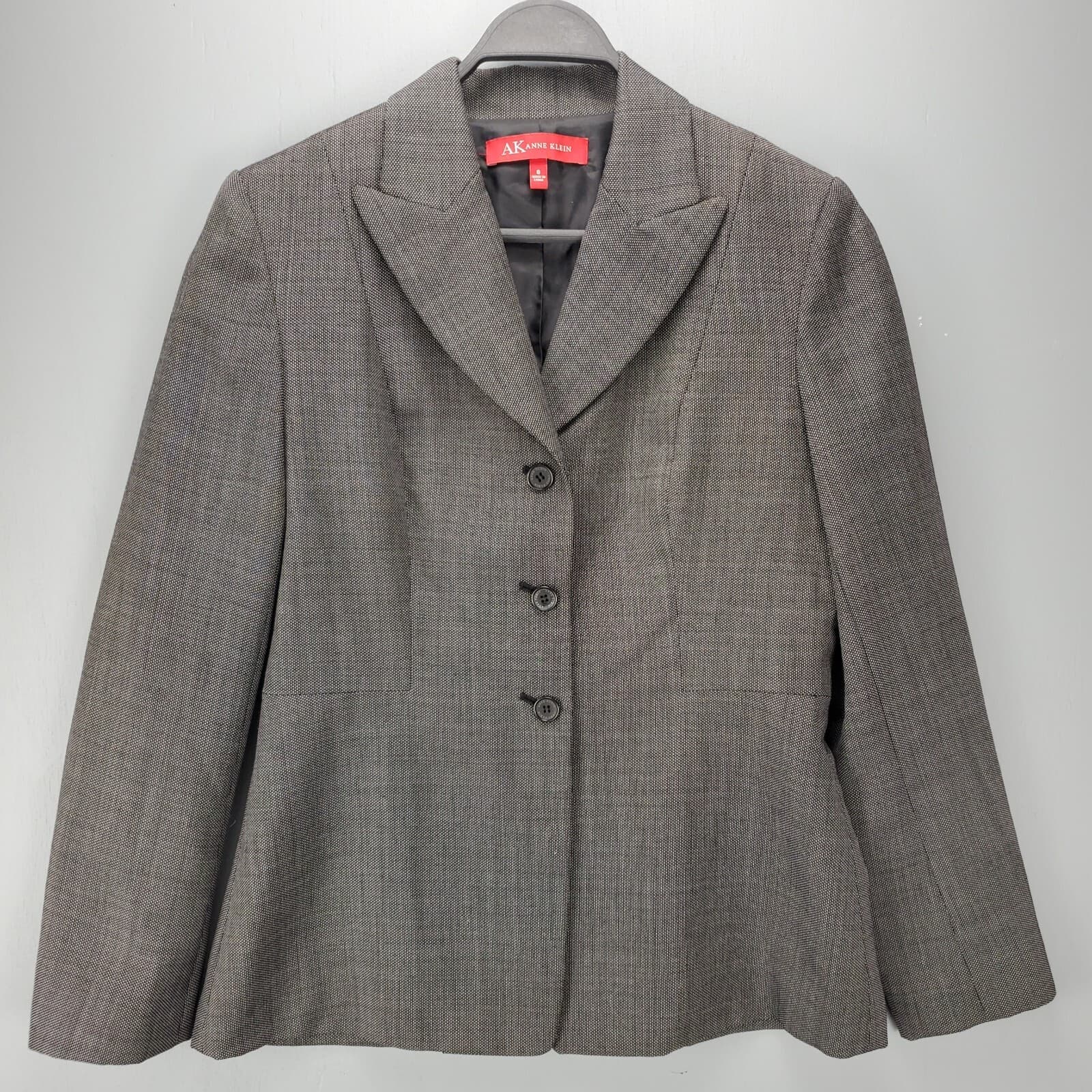 Women's Blazer AK Anne Klein Fitted Jacket Gray Tweed Size 8 Polyester/Wool