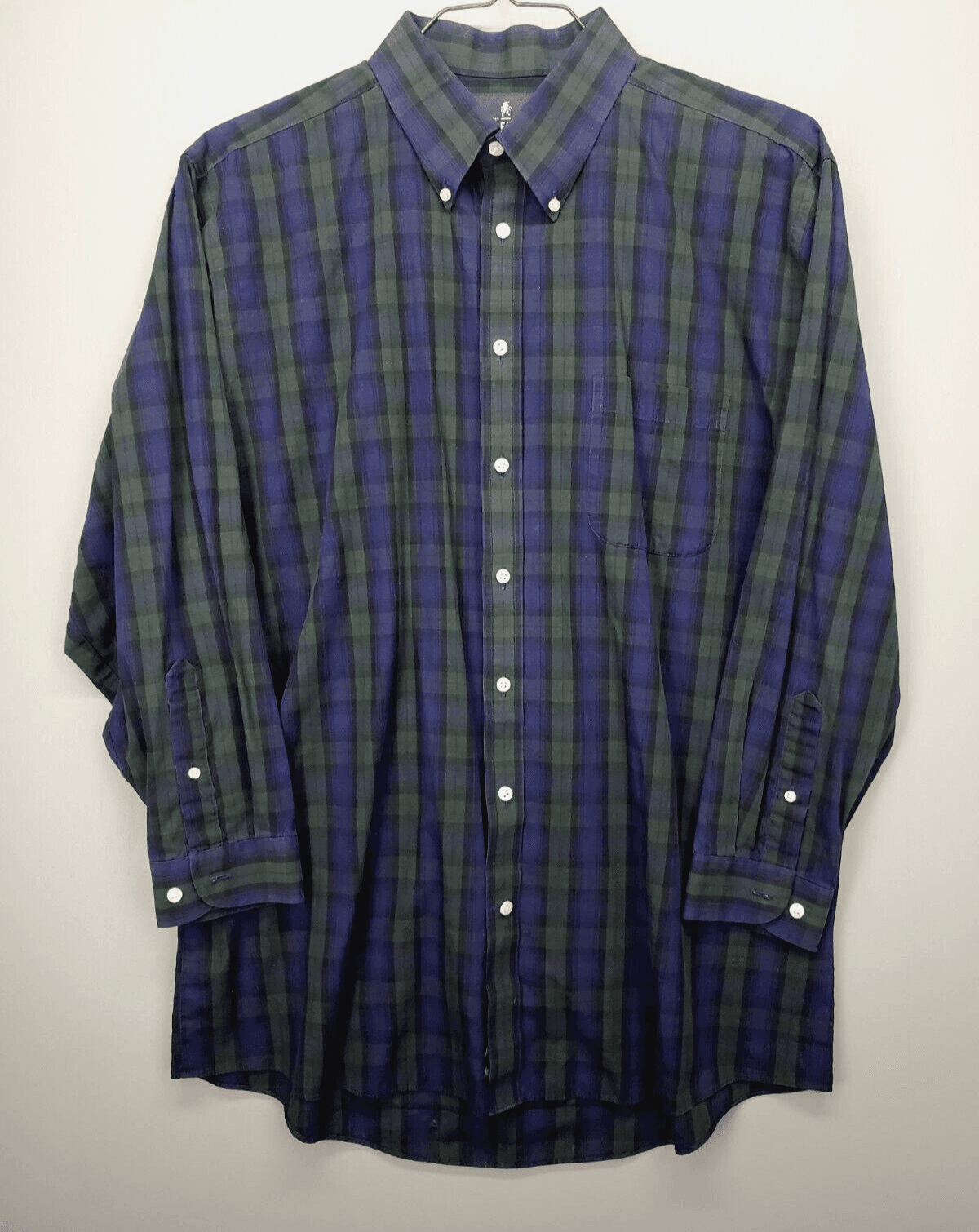 Stafford Mens Shirt Reg Fit 17 32-33 Blue Green Plaid Collar Front Pocket Button