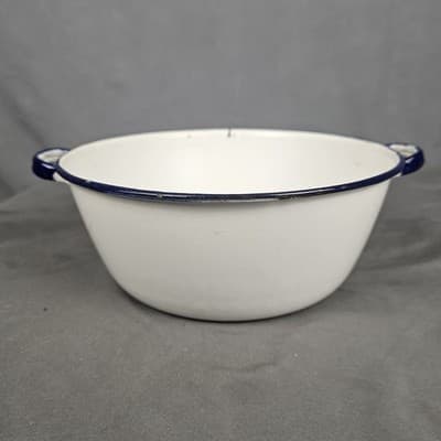 Vintage Enamelware Pan White w Black Edge Handles 3.5 Deep 9" Diameter