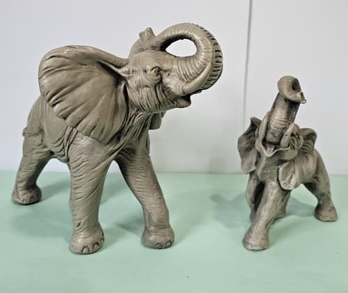 Vintage Porcelain Bisque Elephants Figurines Set Of 2 1981 Raised Trunks